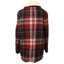 Saint Laurent-Saint Laurent Shearling-Trimmed Checked Coat in Red Wool-Other