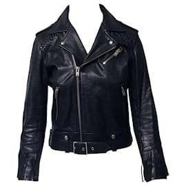 Iro-Chaqueta biker con cinturón y flecos Iro en cuero negro-Negro