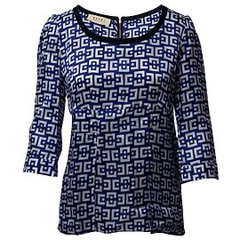 Blusa Marni Estampada Geométrica em Viscose Azul e Branco Outro