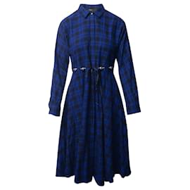 Maje-Maje Rebel Belted Checked Midi Dress in Blue and Black Cotton Flannel -Other