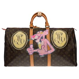 Louis Vuitton-Beautiful Louis Vuitton Keepall travel bag 55 cm in Monogram canvas customized by the popular Street Art artist PatBo customized "Pink Panther loves Bubbles"-Brown