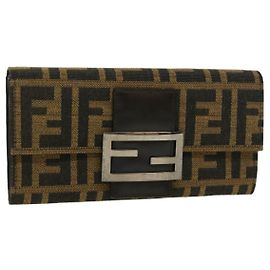FENDI Zucca Canvas Long Wallet Brown Black Auth 32462 Brown Black