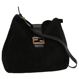 FENDI Mamma Baguette Shoulder Bag Suede Black Auth ki2374 Black
