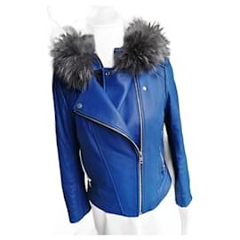 Autre Marque-Camu he leather jacket with fur trim-Light blue