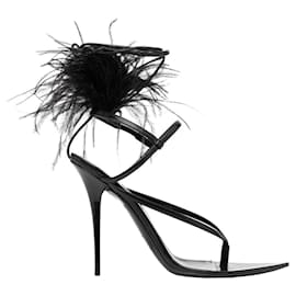 Saint Laurent-Nue Feather Leather Heel Sandals-Black