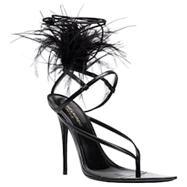 Saint Laurent-Nue Feather Leather Heel Sandals-Black