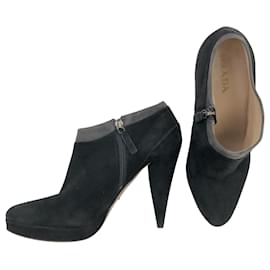 Prada-Prada ankle boots in black suede with grey trim-Black