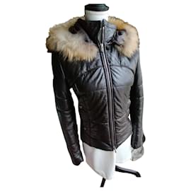 Ventcouvert-jaqueta de couro com capuz-Marrom