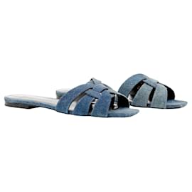 Saint Laurent-Saint Laurent Tribute mules in dark denim-Blue