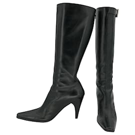 Prada-Prada boots in black leather square point toes with top buckle-Black