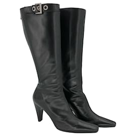 Prada-Prada boots in black leather square point toes with top buckle-Black