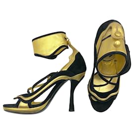 Prada-Prada sandals in black leather with metallic gold trim & ankle strap-Black