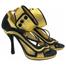 Prada-Prada sandals in black leather with metallic gold trim & ankle strap-Black