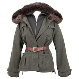 Dior-Dior jacket in khaki felt wool with knitted insert & fur collar-Green,Khaki