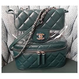 Chanel-Chanel 2018, 18S Aquarium Small Zip Around PVC transparent quilted green/blue glazed crumpled calf leather leather vanity backpack shoulder bag with silver hardware.-Dark green
