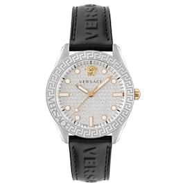 Versace-Versace Greca Dome Leather Strap-Silvery,Metallic