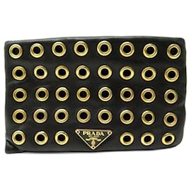Prada-PRADA COIN PURSE IN BLACK LEATHER AND GOLD STUDS EYELET LEATHER POUCH WALLET-Black