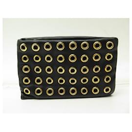 Prada-PRADA COIN PURSE IN BLACK LEATHER AND GOLD STUDS EYELET LEATHER POUCH WALLET-Black
