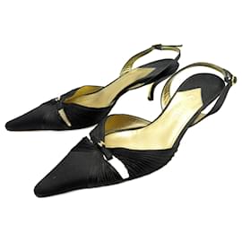 Chanel-CHANEL SHOES BLACK AND GOLD SATIN PUMPS 38.5 BLACK AND GOLDEN SHOES-Black