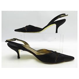 Chanel-CHANEL SHOES BLACK AND GOLD SATIN PUMPS 38.5 BLACK AND GOLDEN SHOES-Black