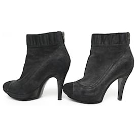 Chanel-CHANEL SHOES BOOTS WITH HEELS 37.5 BLACK GLITTER SUEDE BOOTS SHOES-Black