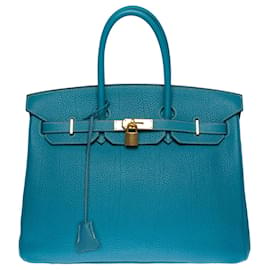 Hermès-Splendide Sac à main Hermes Birkin 35 cm en cuir Togo bleu Saint-Cyr à surpiqûres blanches-Bleu