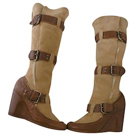 Fendi-Fendi Leather Mouton Knee Length Boots-Brown,Beige