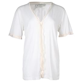 Balenciaga-Balenciaga Fringe Trim V-Neck Top in White Cotton-White