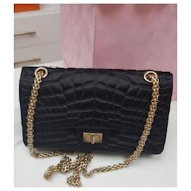 Chanel-Chanel Medium Black Croc embossed crocodile Stitched satin 2.55 reissue lined flap bag with gold Mademoiselle hardware-Black,Red,Gold hardware