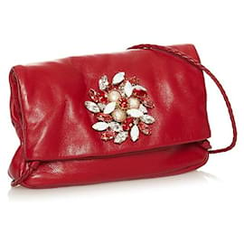 Miu Miu-Miu Miu Embellished Leather Fold Over Crossbody Bag-Red