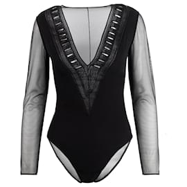 Gianfranco Ferré-Semi-sheer Embroidered Bodysuit-Black
