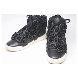 Chanel-*CHANEL Chanel Camellia High Cut Sneakers Sneakers Black Coco Mark Rubber Size 37 Ladies-Black,White