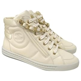 Chanel-*Chanel High Cut Sneakers Size 36 about 23cm Off White Coco Mark Chain Ivory Shoes Leather-White