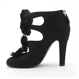 Chanel-*CHANEL Cocomark Fabric Ankle Boots 36C Ladies Black Rhinestone Star-Black