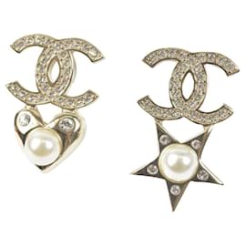 Chanel-*Chanel Earring Coco Mark Pearl Rhinestone Star-White,Golden