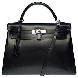 Hermès-Splendid & Rare Hermes Kelly handbag 32 returned shoulder strap in black box leather,-Black