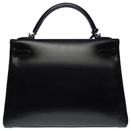 Hermès-Splendid & Rare Hermes Kelly handbag 32 returned shoulder strap in black box leather,-Black