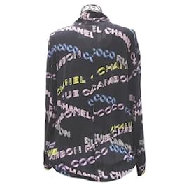 Chanel-* CHANEL Printed Silk Logo Pullover 38 100% Silk Black× Pink× Blue× Yellow Used Long Sleeve Women's Women's Vintage-Black,Pink,Blue,Yellow