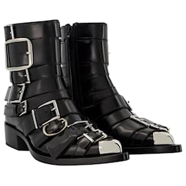 Alexander Mcqueen-Stivali Boxcar in pelle nera/argento-Nero