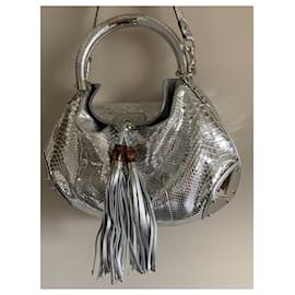 Gucci-Gucci Silver Metallic Python Large Babouska Indy Bag.  Limited edition!-Silvery