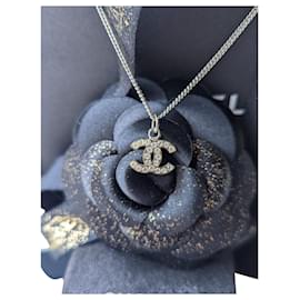 Chanel-CC B10V logo classic timeless crystal necklace box docs-Silvery