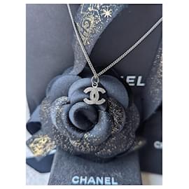 Chanel-CC B10V logo classic timeless crystal necklace box docs-Silvery