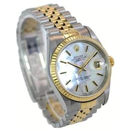 Rolex-Rolex White Mop Mens Datejust Index Dial 18k Gold Fluted Bezel 36mm watch-Other
