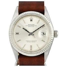 Rolex-Rolex Mens Datejust 36mm Steel Silver Dial Fluted Bezel Leather Band -Brown