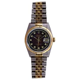 Rolex-Rolex Mens Datejust 2 Tone Red Diamond Dial 18k Fluted Bezel 36mm watch 16233 -Other