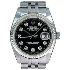 Rolex-Rolex Mens Datejust Ss 36mm Black Diamond Dial Fluted Bezel Watch Ref 16014 -Other