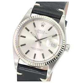 Rolex-Rolex Mens Datejust Stainless Steel 36mm Silver Dial 14k White Gold Fluted Bezel Black Leather Band Watch -Grey