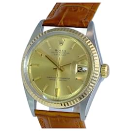 Rolex-Rolex Champagne Men's Datejust Dial Fluted Bezel On A Leather Band Watch -Other