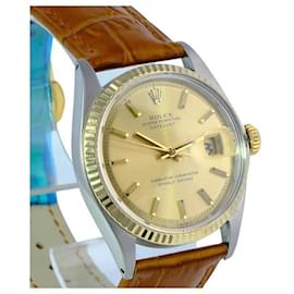 Rolex-Rolex Champagne Men's Datejust Dial Fluted Bezel On A Leather Band Watch -Other