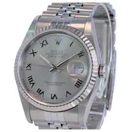 Rolex-Rolex Silver Roman Men's Datejust Dial 18kw Bezel 36mm -16234 watch-Other
